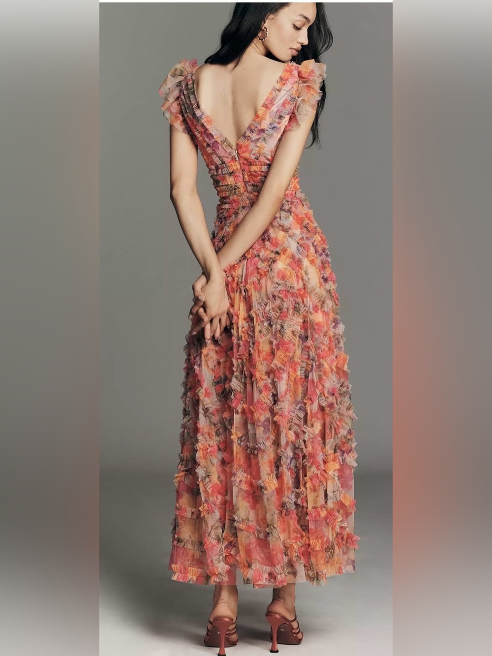 Mac Duggal Floral Tiered Maxi Dress Sz 16 - Picture 2 of 9